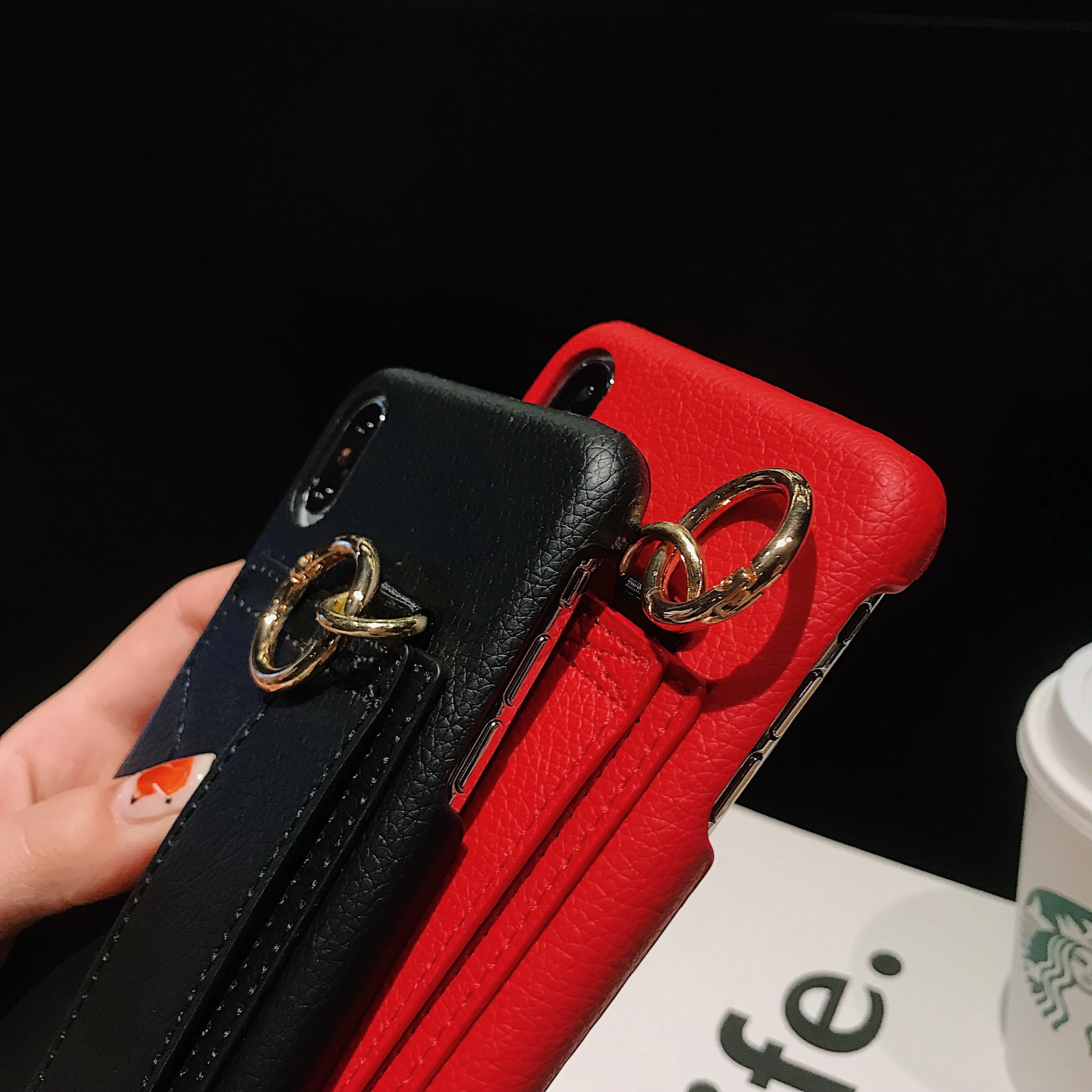 Con la correa de la muñeca de la ranura de la tarjeta para iPhone XS Max Funda de cuero Litchi piel soporte funda Coque para iPhone 8 plus 6 S 6 7 Plus X XR
