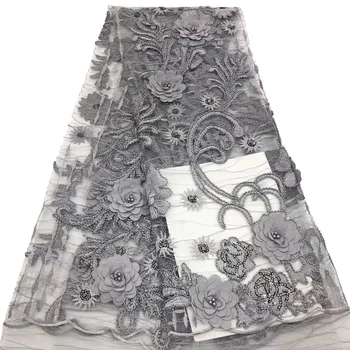 

(5yards/pc) High grade African 3d flowers French net lace fabric with sequins beads and elegant embroidery for dress FLZ005