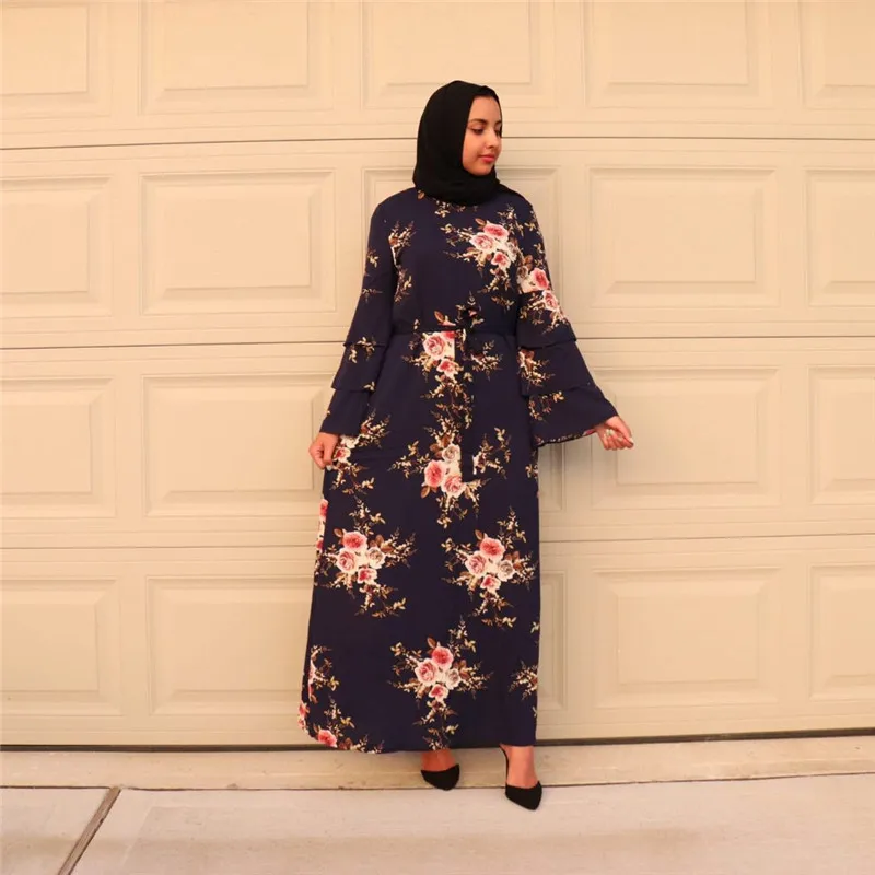 Musilm Для Женщин Платье макси с длинными рукавами и цветочным принтом вечерние мусульманский кафтан Абаи джилбаба халат платье дамы