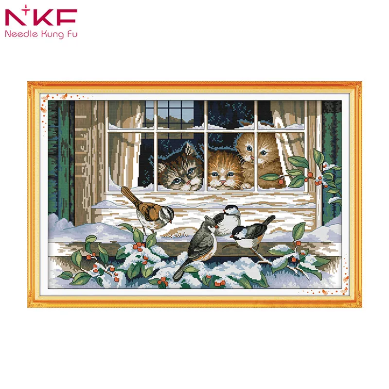 

Landscape out of the window Cats and birds counted patterns print on canvas cross stitch kit chinese embroidery needlework sets