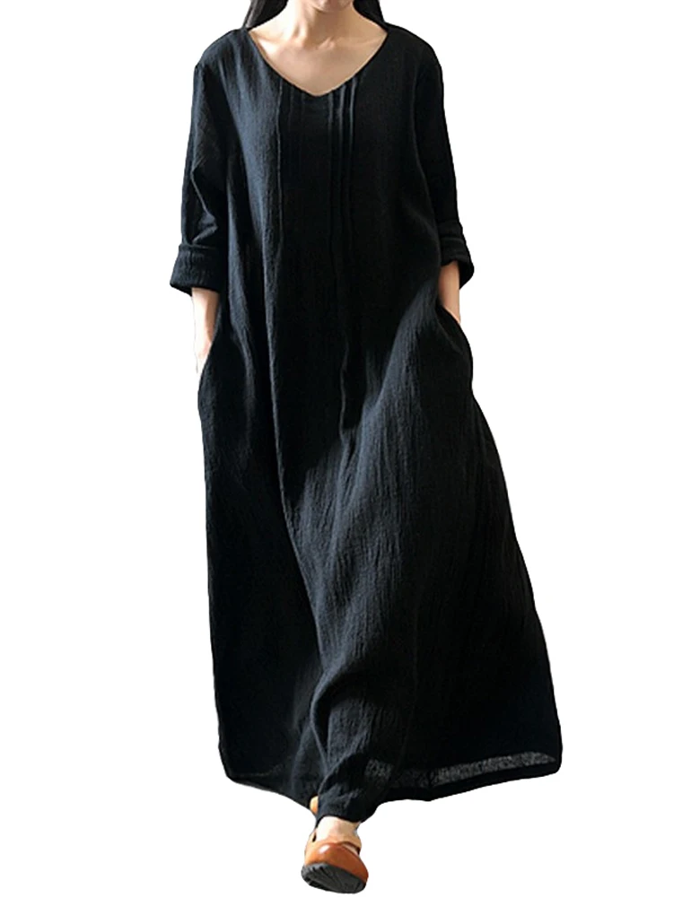 

2019 New Fashion Autumn Women Casual Loose Dress Solid V Neck Long Sleeve Cotton Retro Boho Long Maxi Dress Black/Purple/Red