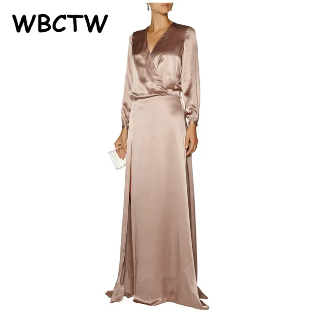 WBCTW Satin Dress Long Sleeve Wrap V neck Split Vestidos Plus Size For Women Maxi Long