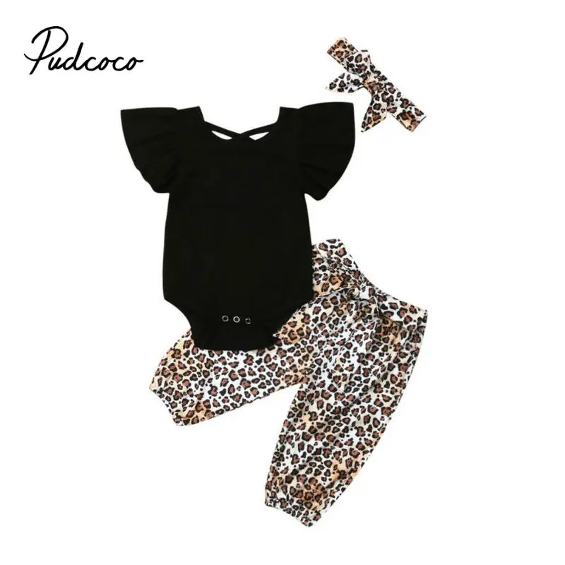 

pudcoco Infant Baby Girls Jumpsuit Romper+ Leopard Print Bow+Headbands Outfits set of newborn baby clothes Outfits Clothes