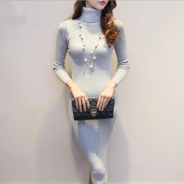 

Fashion 2017 Women Autumn Winter Sweater Dresses Slim Turtleneck Sexy Bodycon Solid Color Robe Long Knitted office OL Dress 1089