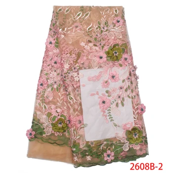 

3D Applique Laces African Lace Fabric Embroidered Flower Tulle Nigerian Lace Fabrics with Pearls for Wedding KS2608B-2