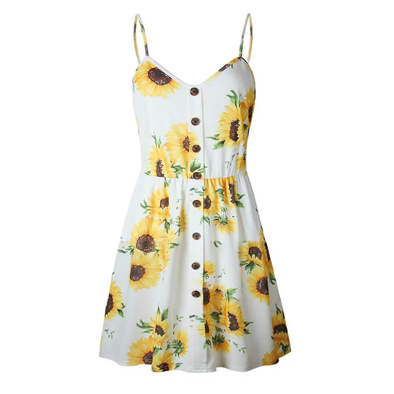 

Summer Dress Women Sexy Sling Sleeveless V Neck Sunflower Print Button Princess Dress Fashion New Elegant Casual Dress Sundress