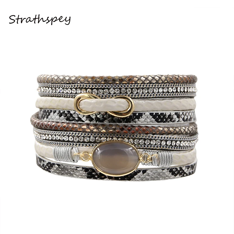 Модный женский браслет стразы STRATHSPEY из искусственной кожи с полудрагоценным
