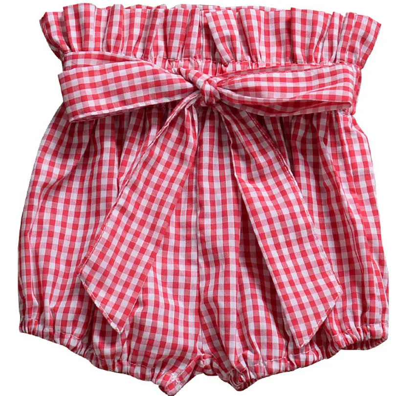 Летние шорты для маленьких девочек с бантом деревянный ухо хлеб шорты с кружевом Большие Штаны для малышей Шорты для девочки Детские Пляжные шорты леггинсы - Цвет: Red plaid