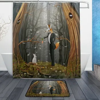 

Fantasy Forest Fox Rabbit Waterproof Polyester Fabric Shower Curtain with Hooks Doormat Bath Floor Mat Bathroom Home Decor