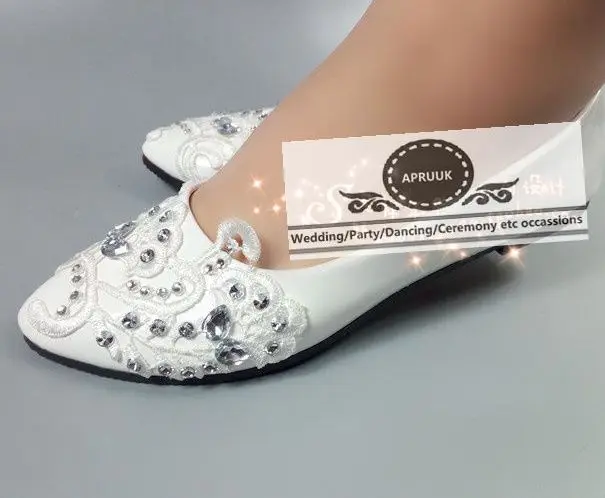

Plus size white lace wedding shoes bride flat heel handmade HS361 silver crystal rhinestones bridal brides party dancing flats