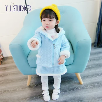 

2 Piece Baby Coat Girl Long Sleeve Hooded Jacket Winter Plus Velvet Clothes Cute Fake 2 Pants Suit 2018 New Year Party Costume