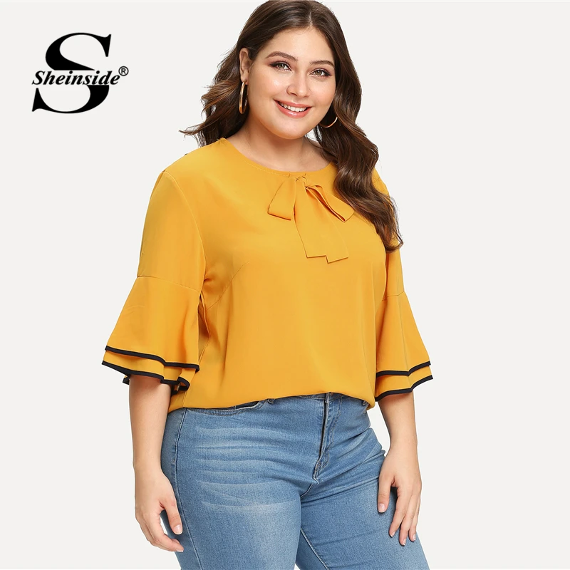 Sheinside Plus Size Yellow Tie Neck Work Top Women Bow Ruffle Half