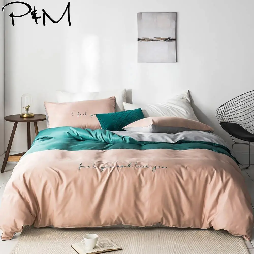 

2019 Nordic Salmon Dark Green Brief Embroidery Queen King Size Flat Sheet Artificial Silk Duvet Cover Set Satin Bedding Set