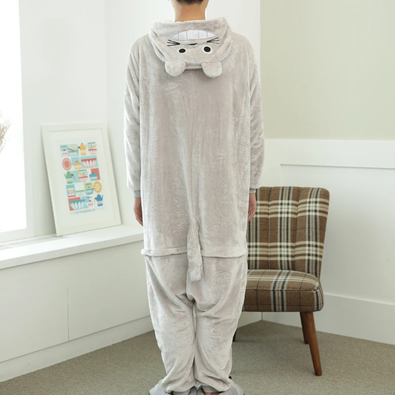 Lovely Cartoon Totoro Cat Onesie For Adults Large Size Flannel Pajamas Kigurumi For Halloween Cosplay Parties Overall Bodysui