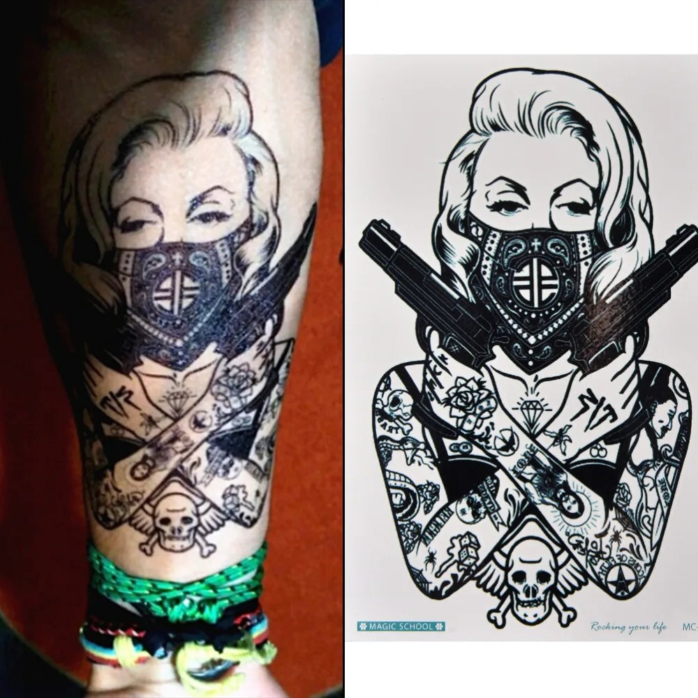 فتاة مع البنادق الوشم المؤقت للماء كبيرة الذراع الجسم فن الوشم اللاصق فتاة مع البنادق الوشم المؤقت للماء كبيرة الذراع الجسم فن الوشم اللاصق