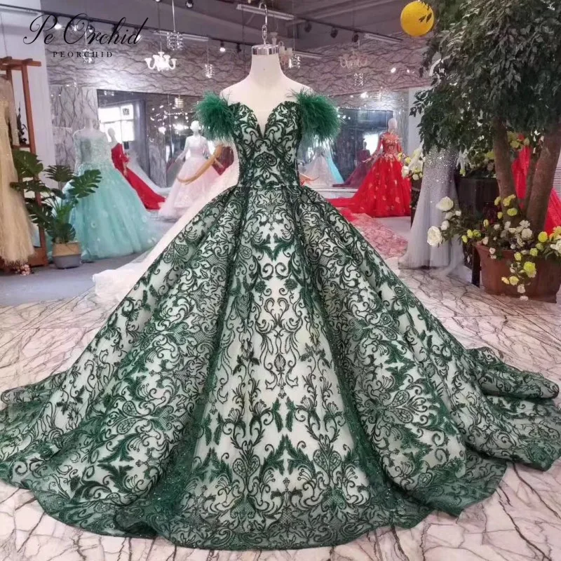 

PEORCHID Dubai Luxury Evening Dresses Feathers Beaded Arabic Robe De Soiree 2019 Nouvelles Green Formal Dresses Evening Gown