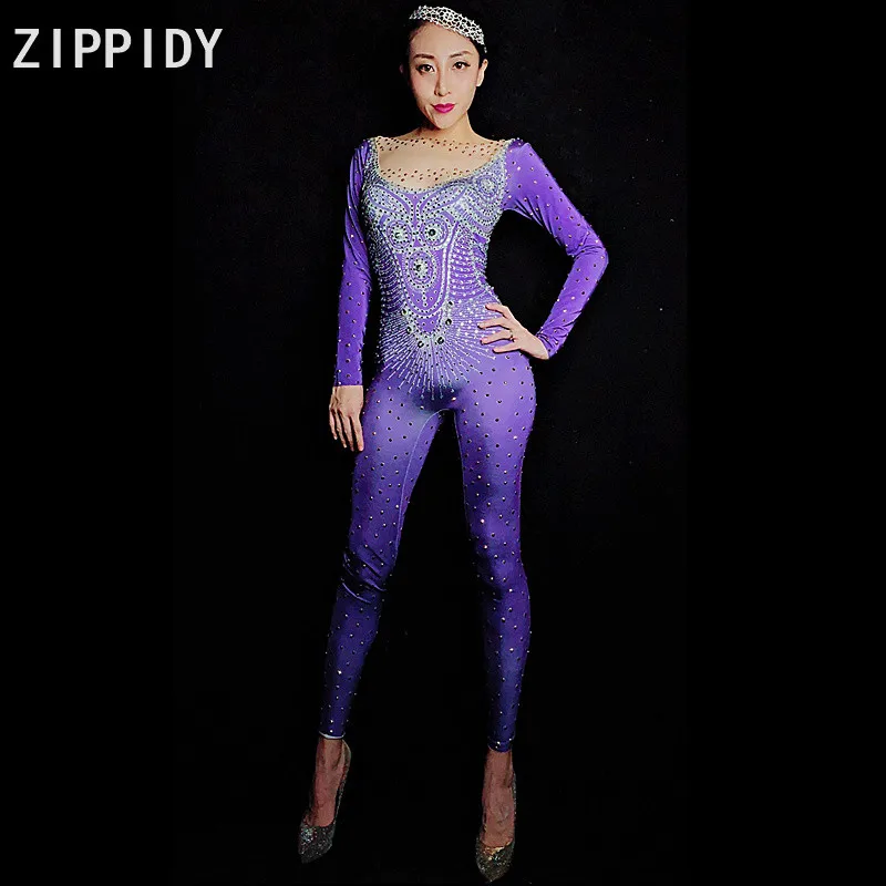 

Silver Rhinestones Spandex Purple Jumpsuit Women's Birthday Evening Celebrate Outfit Nightclub Wear DJ Female Singer Clothes