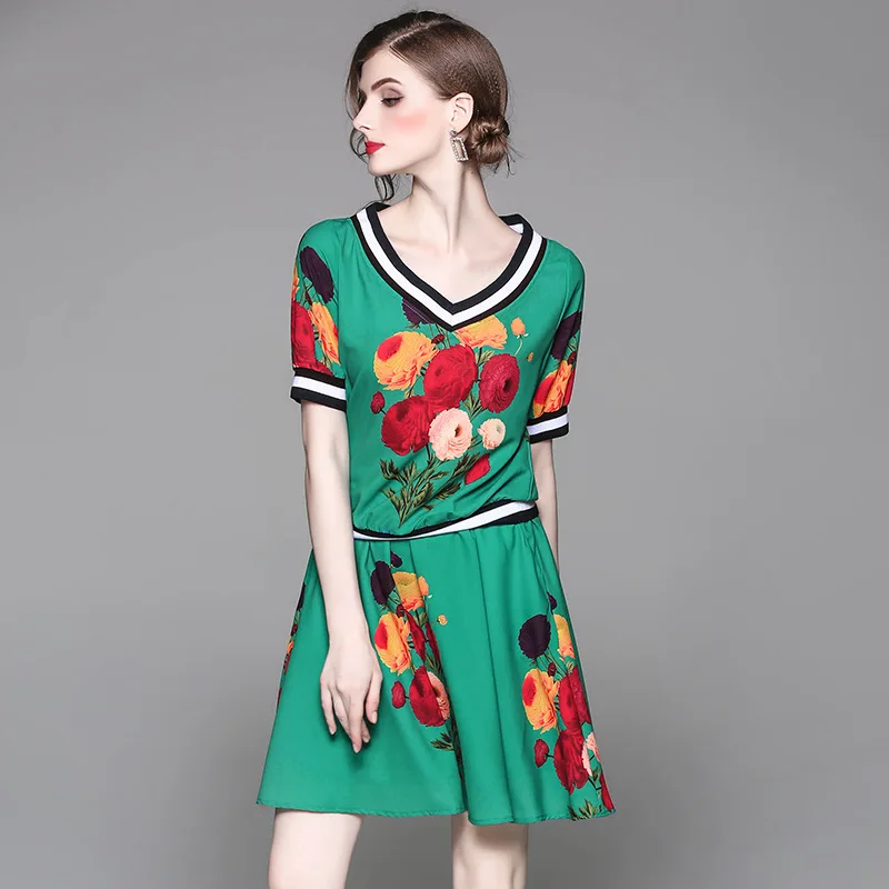 Mulheres Duas Peças Set 2017 Conjuntos de Verão Da Marca de Moda Runway Curto Impressão de manga comprida Top e Saia Set Suit Plus Size Twin Set casuais