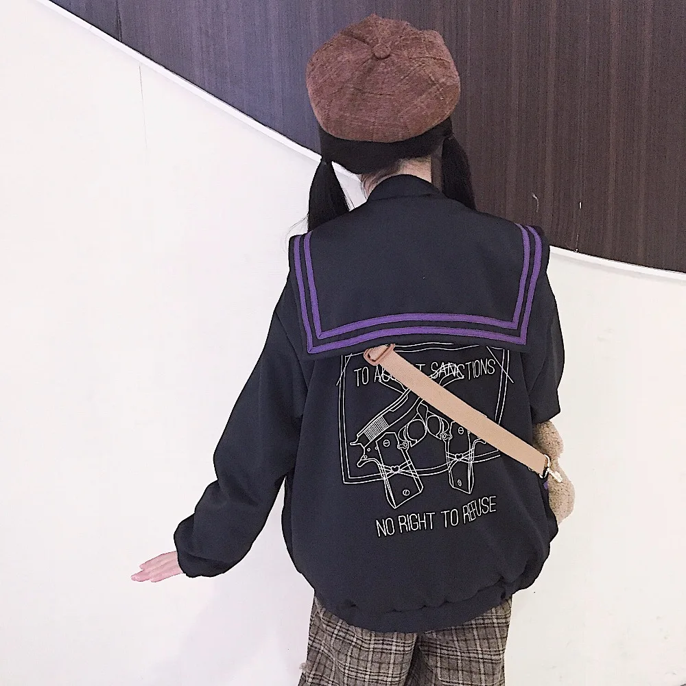 Harajuku Gunner девушки темно-синий воротник Свободная черная куртка Мягкая сестра Весна Женская бейсбольная форма одежда Flying Япония пальто Верхняя одежда