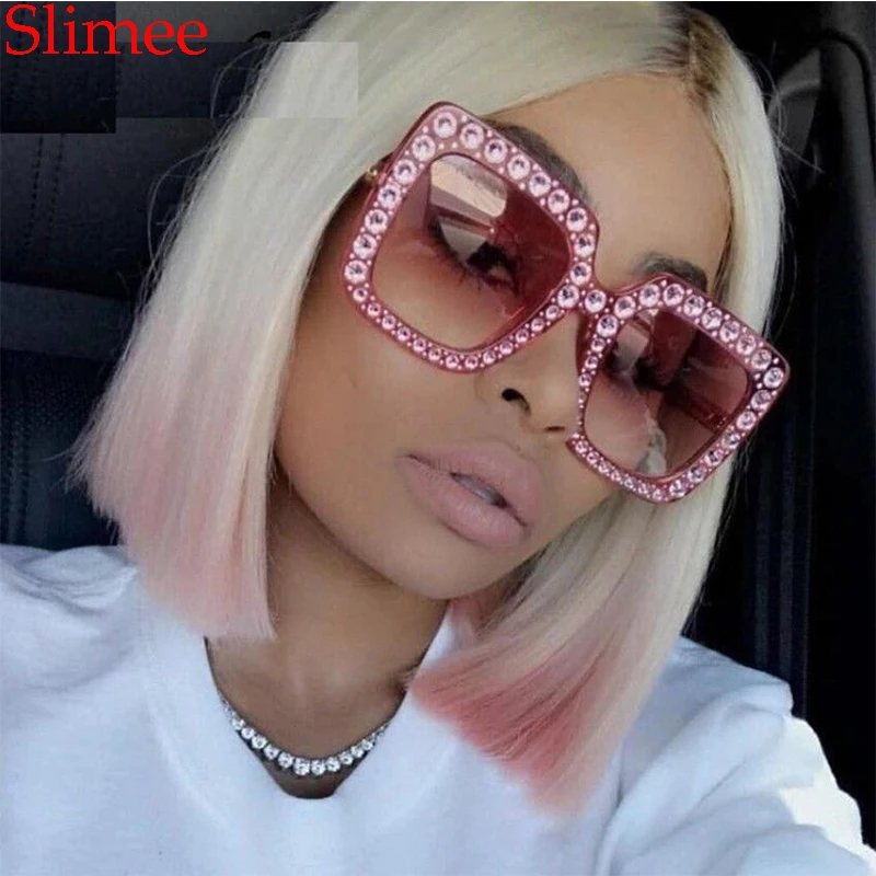 

Pink Crystal Sunglasses Acetate Designer Women luxury Trendy 2018 Oversize Square Sunglasses Women Italy Brand Gold Shades 0053