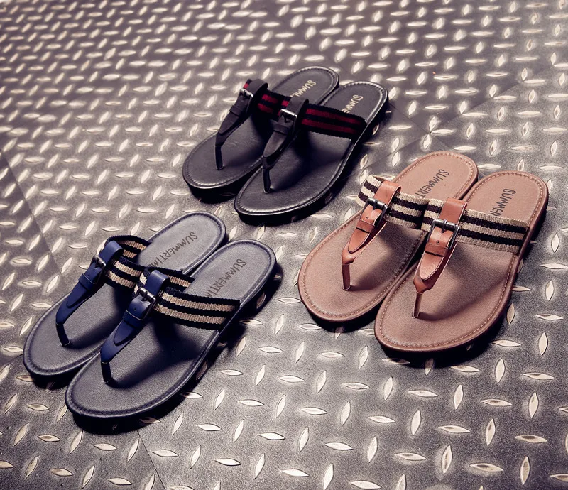 Summer NEW Europe US Arab Regal Men Slippers Black Blue PU leather Straps Hasp Elastic Band
