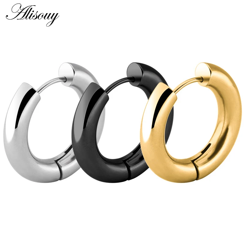 Alisouy Black/Rose Gold/Silver Color Tone Stainless Steel Hoop Earrings Round Loop Earring Men Women big size Hyperbole Jewelry