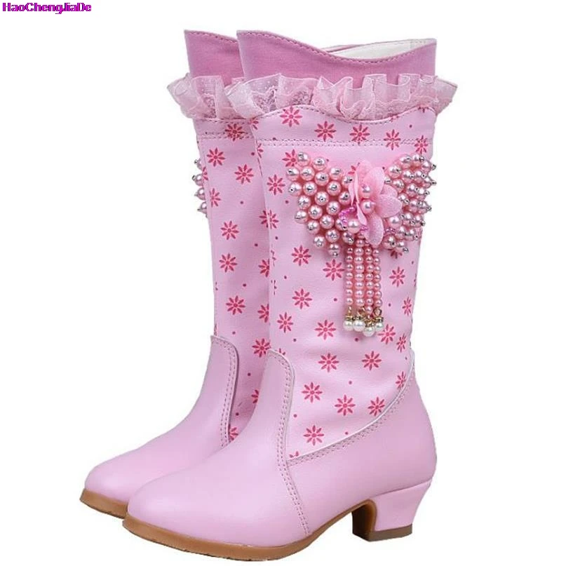 HaoChengJiaDe Girls High Heel Boots Winter Children Boots Korean Princess Butterfly Lace Boots