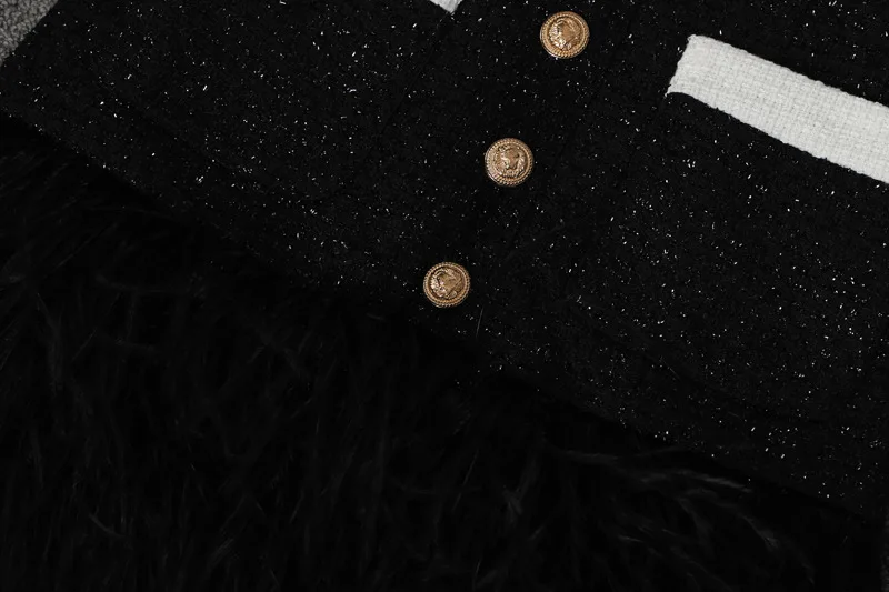 Европейское подиумное Платье женское 2019 осень черное винтажное однобортное с коротким рукавом перо пэчворк ТРАПЕЦИЕВИДНОЕ мини-платье