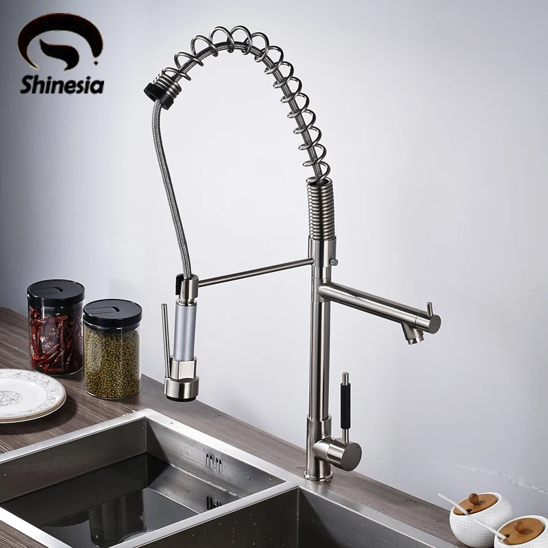 Solid Brass Kitchen Sink Faucet Pull Out Swivel Spout Single Handle Mixer Tap Nickel Brushed