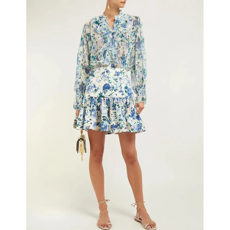 

Silk women's shirt long sleeve ruffle blouse women print stand collar single breasted 2019 new designer fashion shirt