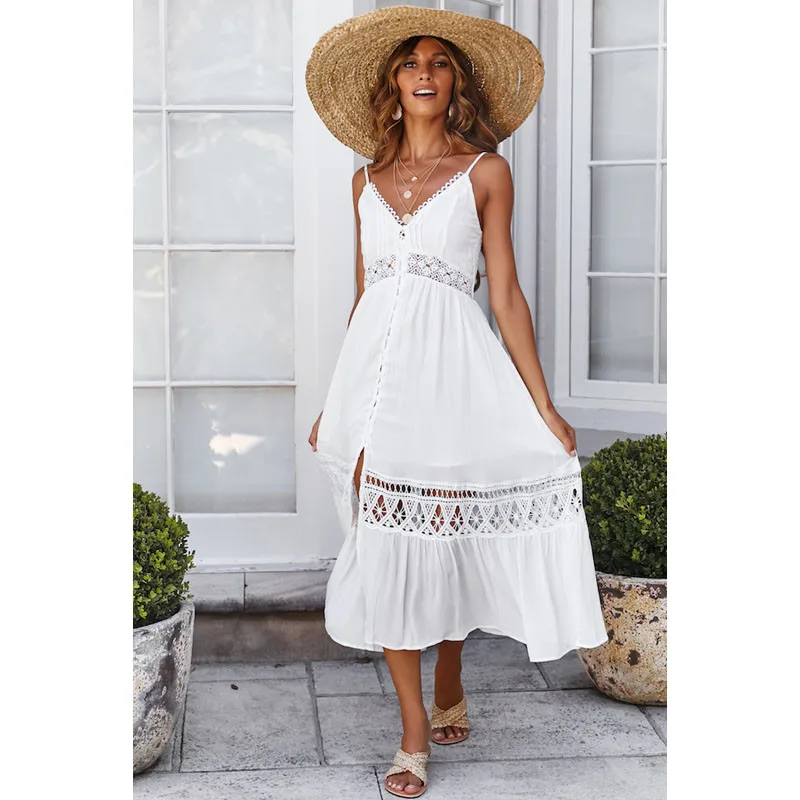 

Women Beach Dresses 2019 Summer White Lace Long Dresses Female Sexy Club Casual Vintage Beach Sun Every Party Dresses For Women