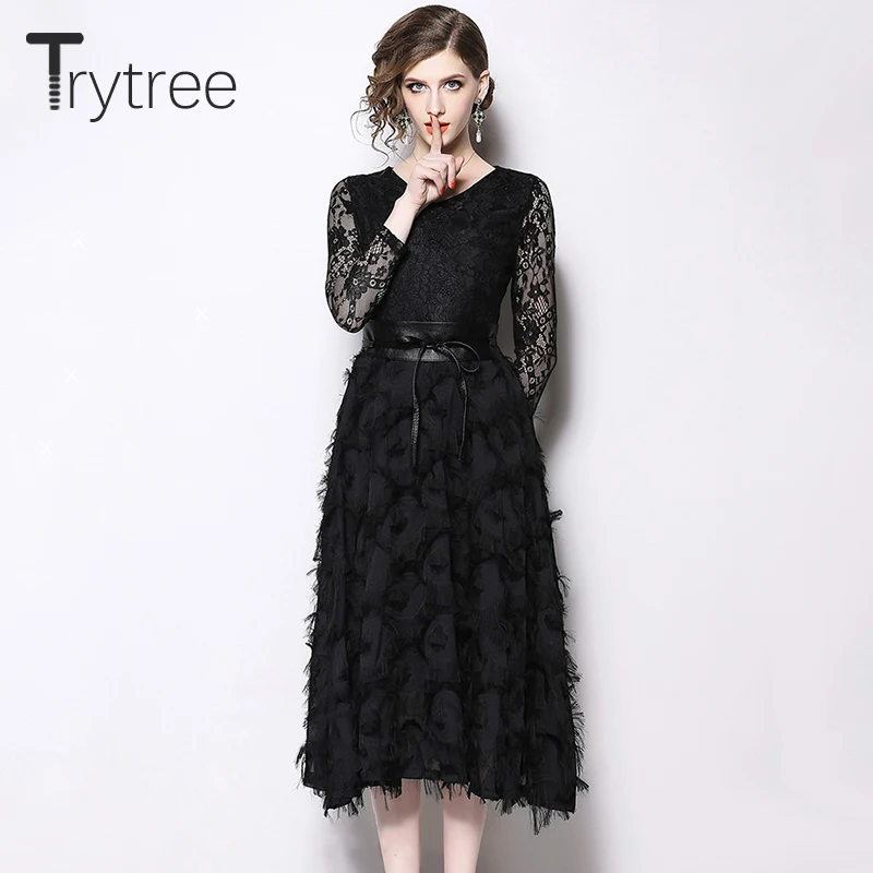 

Trytree Autumn Dress Elegant Feathers Lace Patchwork Feathers Black Solid women dresses V-Neck A-line Mid Calf High Street Dress