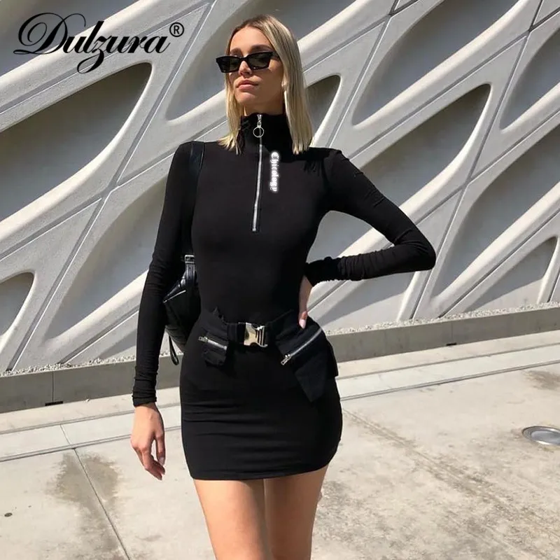 

Dulzura 2019 autumn winter women dress reflective bodycon streetwear fithess sexy clothes mini party dress long sleeve zipper