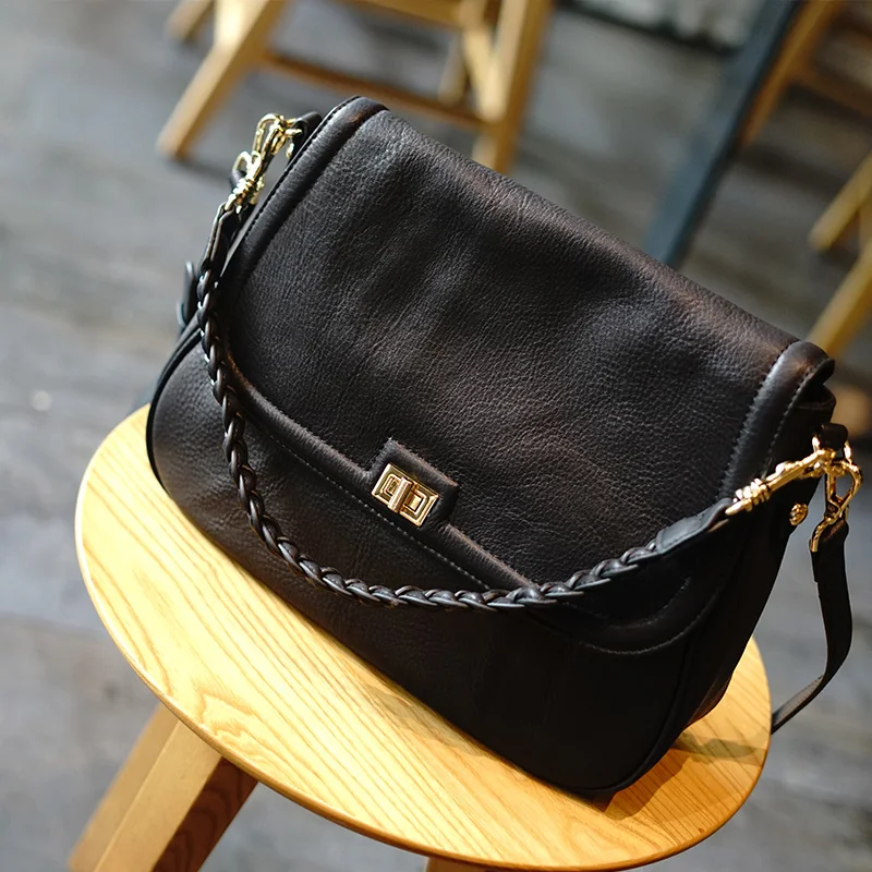 AETOO Simple fashion women's bag, leather large capacity soft cowhide shoulder bag, woven wide shoulder strap crossbody bag