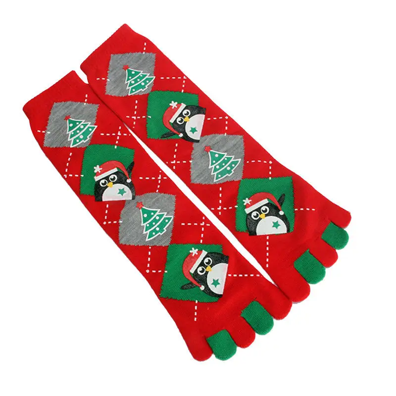 Рождественские женские чулки с пятью пальцами, зимние теплые удобные дамские носки, чулки с круглым носком, Санта-Клаус, олень снеговик, подарок с принтом - Цвет: Red Penguin