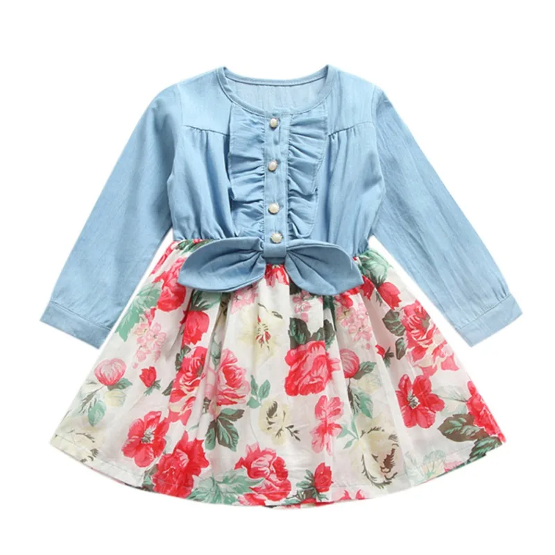 Kids Baby Girls Dress Long Sleeve Patchwork Cotton Denim LOL For Girl Children Autumn Spring Flower Print Clothes | Детская одежда и
