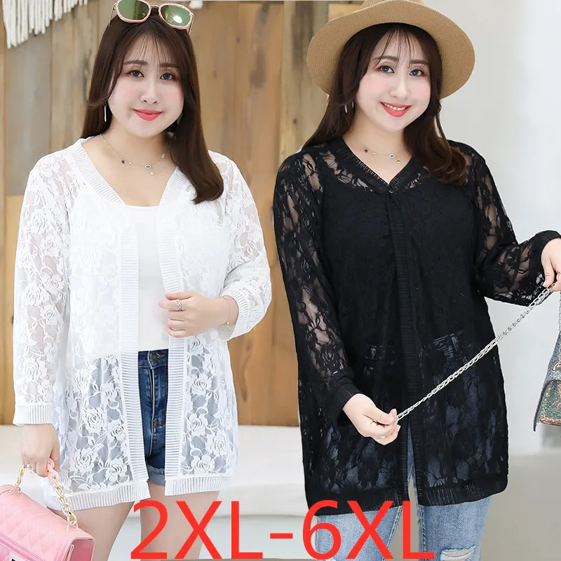 

2019 summer plus size top for women loose lace sunscreen long sleeve cardigan coat black white large size tops 4XL 5XL 6XL 7XL