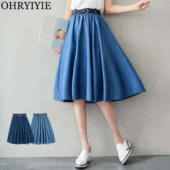 

OHRYIYIE Blue Midi Long Knee Length Vintage Denim SKirt Womens 2020 Retro Washed Skirt With Sashes Female Sun School Skirt Femme