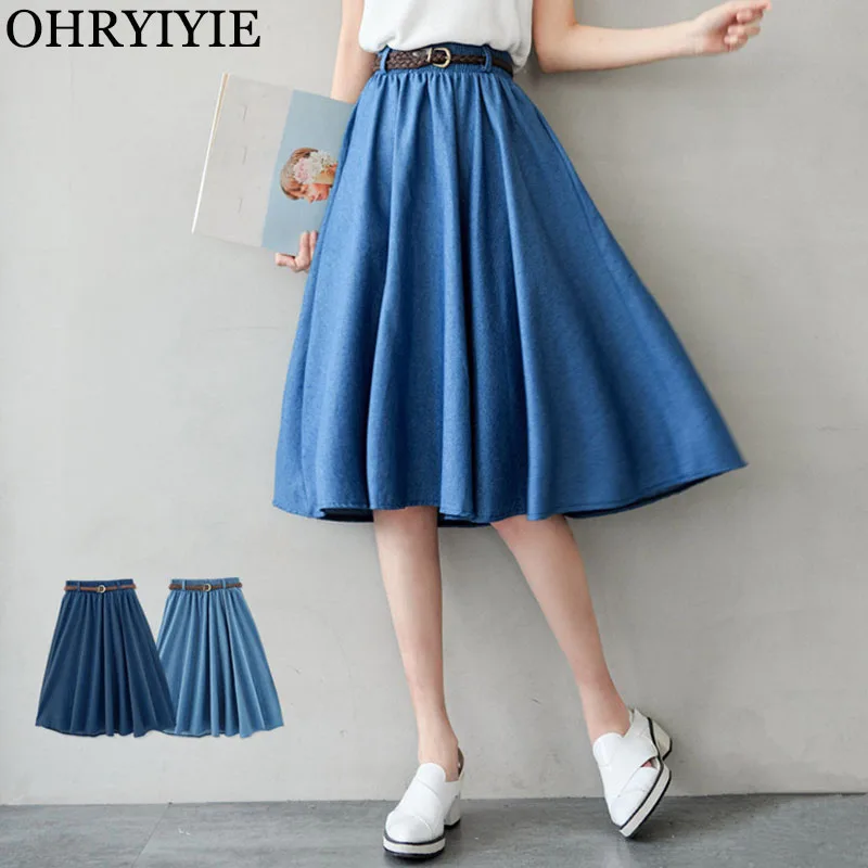 

OHRYIYIE Blue Midi Long Knee Length Vintage Denim SKirt Womens Retro Washed Skirt With Sashes Female Sun School Skirt Femme SK38