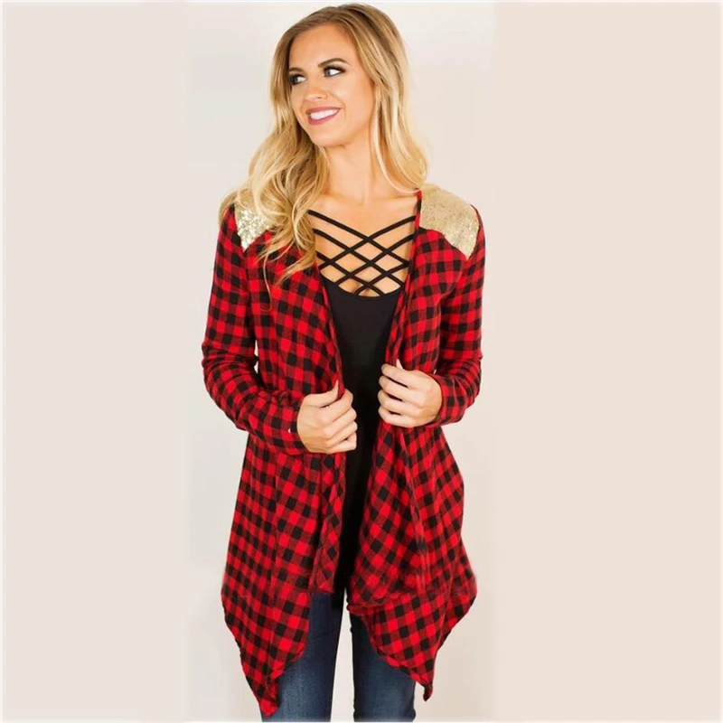 Women Autumn Casual Jackets Retro Red Plaid Long Sleeve