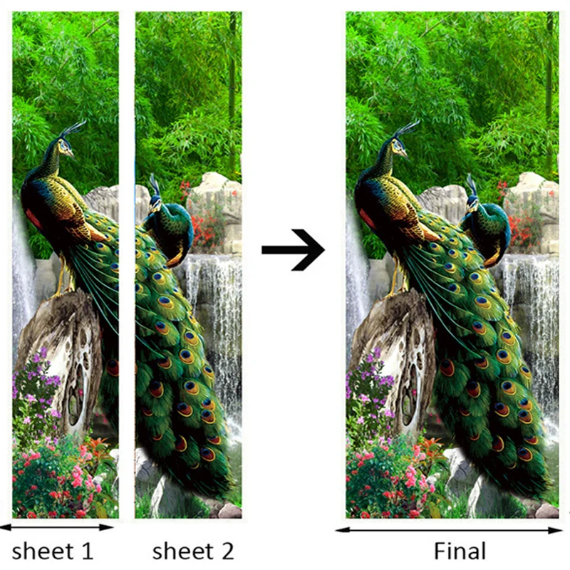 Китайский стиль 3D зеленый лес павлин пейзаж наклейка на дверь гостиная домашний декор обои 3D дверь Фреска ПВХ водонепроницаемый Декор