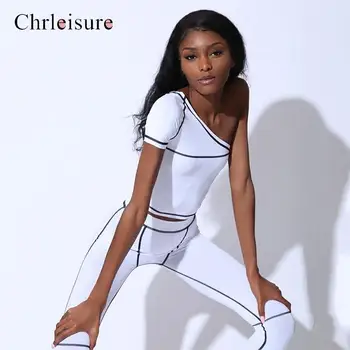 

Chrleisure Sexy Hollow Shoulder Ladies Combination Slim Female Line Decoration Tight Sports Suit Women