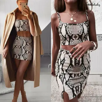 

New Women Ladies Fashion Casual Summer 2pcs Clothing Set Snakeskin Bodycon Tank Top And Mini Skirt Outfit Set Party Clubwear