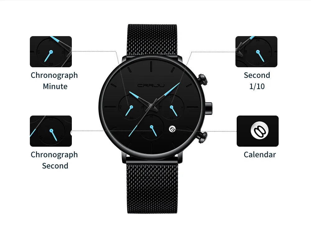 Топ люксовый бренд CRRJU мужские часы Простой стильный хронограф кварцевые сетчатые наручные часы минималистичные водонепроницаемые 24 часа часы с календарем