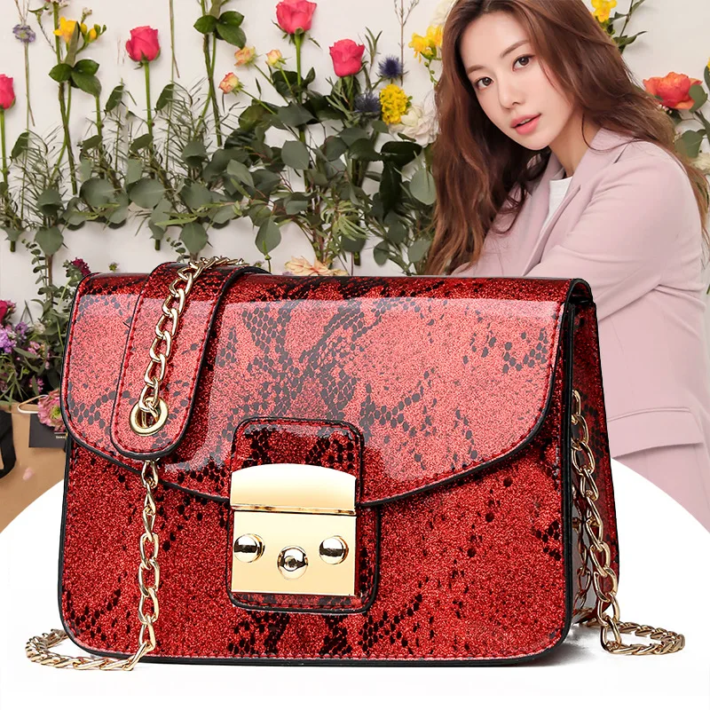 

European and American Mirror Snake Skin Small Square Baonu 2019 New Chain Summer Baitie Single Shoulder Slant Bag