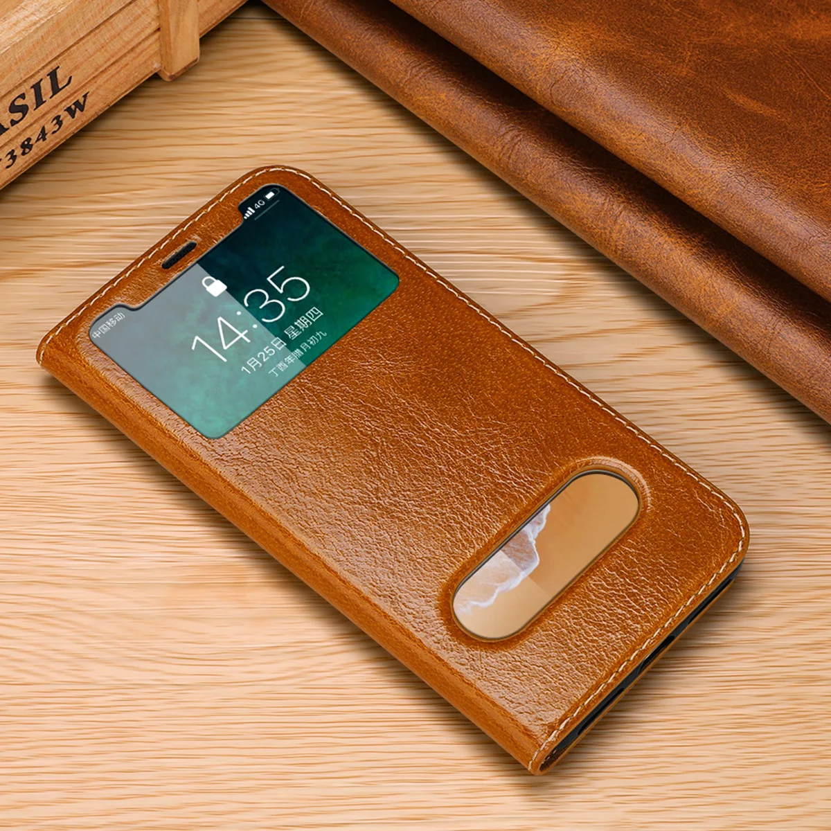 For iPhone Xs Max Xr X 7 8 6s Plus Genuine Leather Flip Case w/View Window Stand Smart Sleep/Wake Magnetic Closure Soft Cover