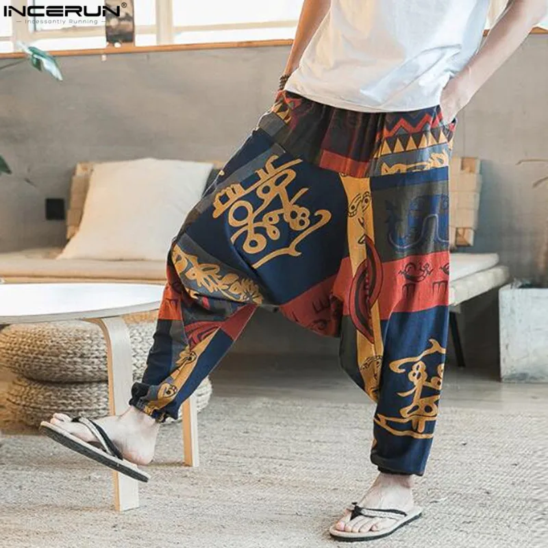 INCERUN Ретро Мужские кросс-брюки гаремный с широкими штанинами брюки льняной эластичный корсаж свободный принт хип-хоп промежность повседневные мужские штаны китайский