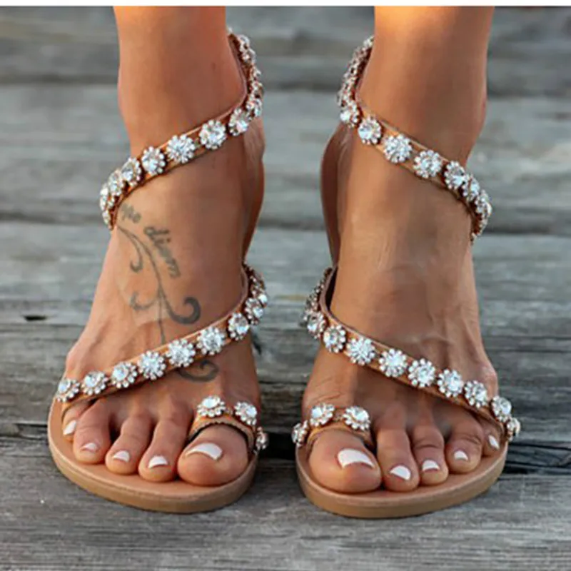 

Women Sandals Flat Gladiator Sandals Crystal Summer Beach Shoes Rome Flip Flop Ladies Slides Femme Casual Shoes Sandalias Mujer