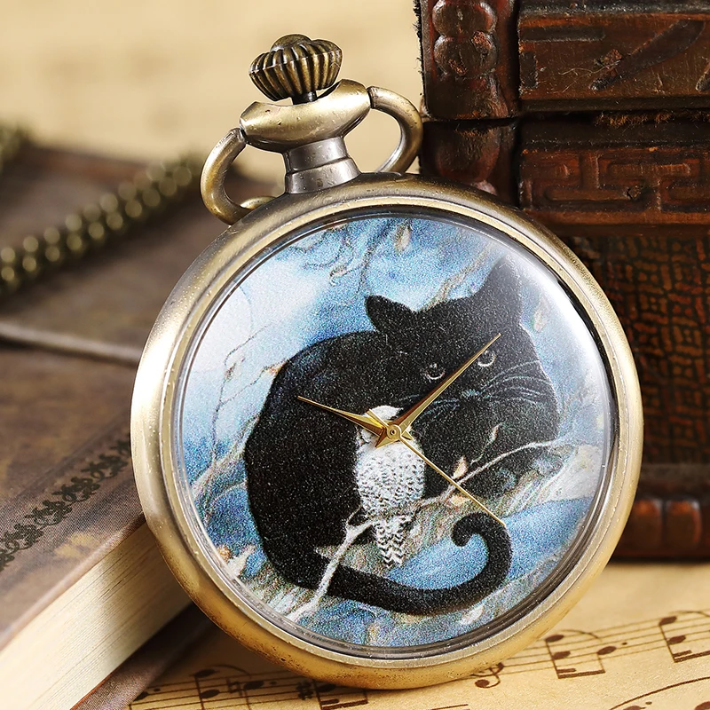 Винтаж Сова и кошка узор картина карманные часы Для мужчин Для женщин Цепочки и ожерелья цепь элегантный кулон Бронзовый Аналоговый