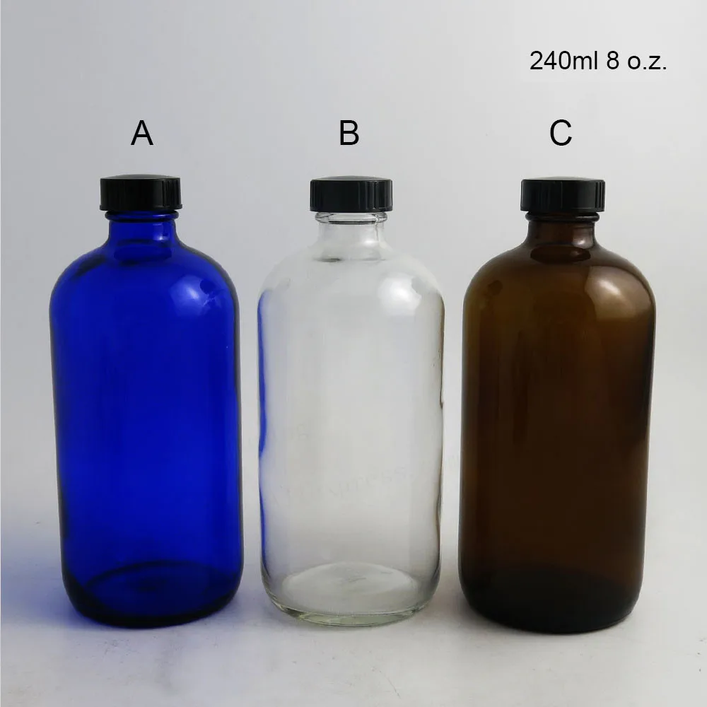 2 шт 240 мл Большие Многоразовые 8 унций янтарные синие прозрачные бостонские круглые стеклянные бутылки с черным фенольным конический колпак 240cc стеклянные контейнеры
